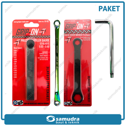 Paket 4 Set GRIP-ON 18-825NB Kunci Stel Klep T40 + GRIP-ON Kunci Ring 8 x 9 mm Titanium + GRIP-ON 18-102 Feeler Gauge + GRIP-ON 18-827 Kunci Tutup Klep Luru