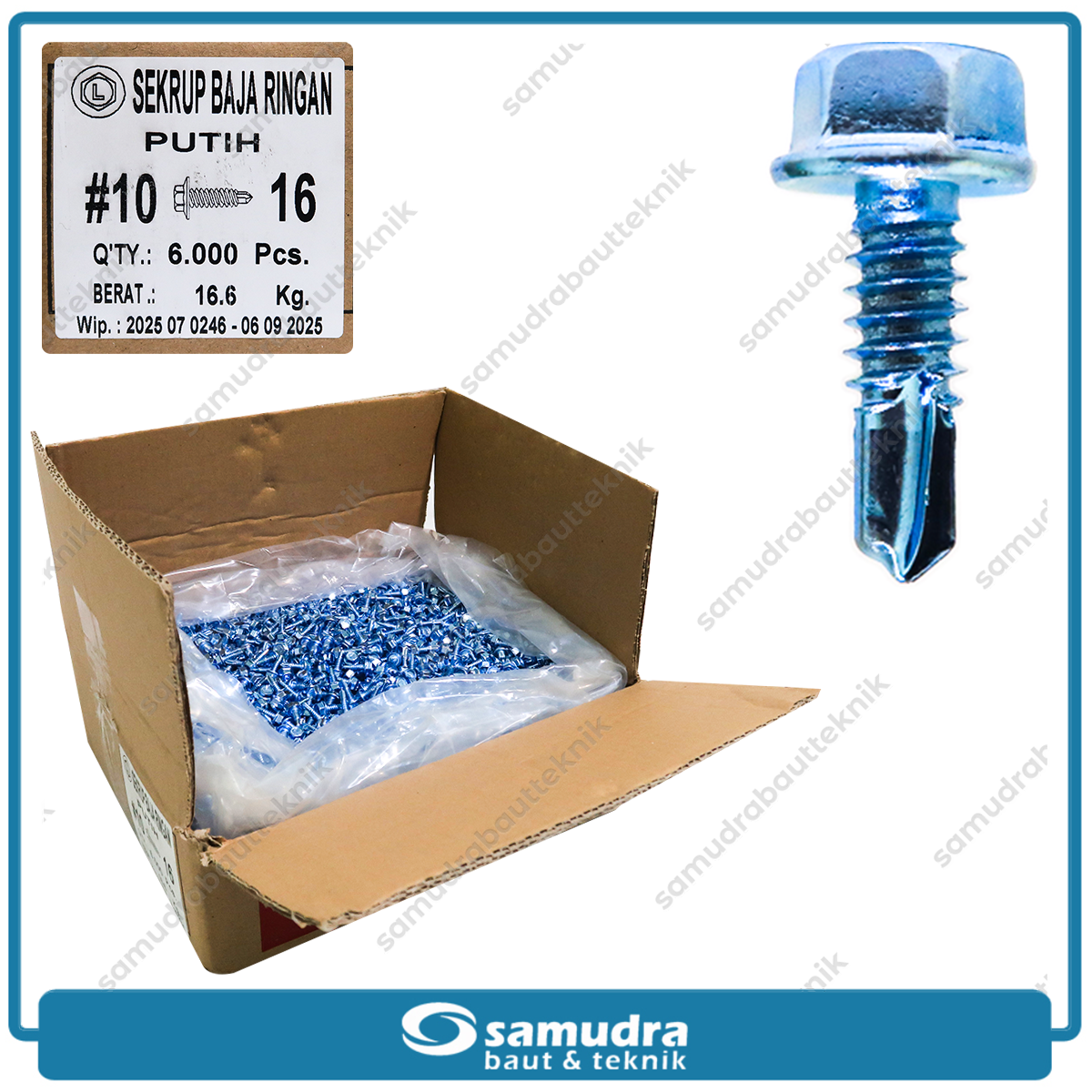 LION 6.000 pcs Sekrup Baja Ringan 10 x 16 Baut Roofing Putih 5/8 SDS Self Drilling Screw