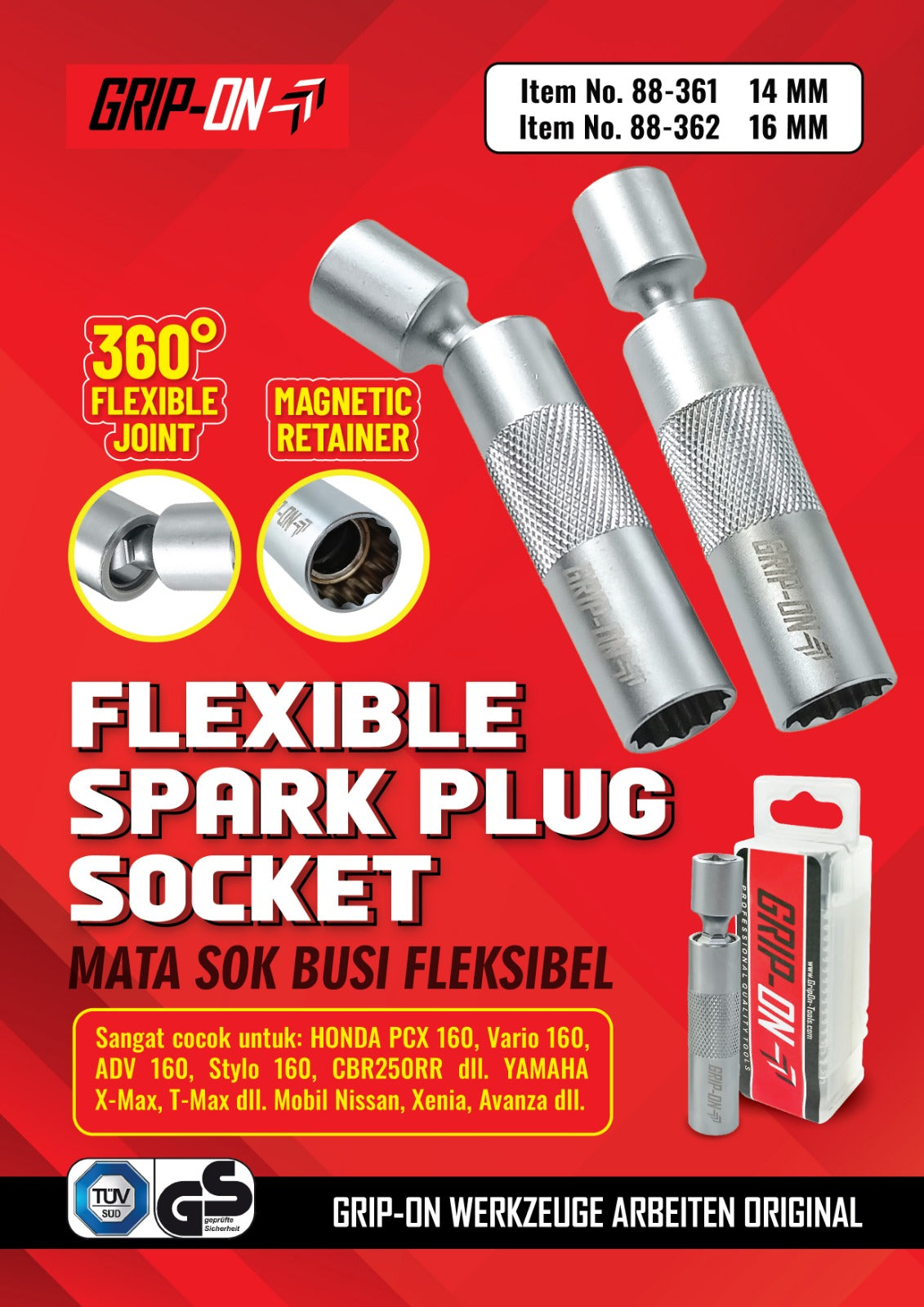 GRIPON 88-362 Mata Sok Busi Fleksibel 3/8" x 16 mm / Flexible Spark Plug Socket