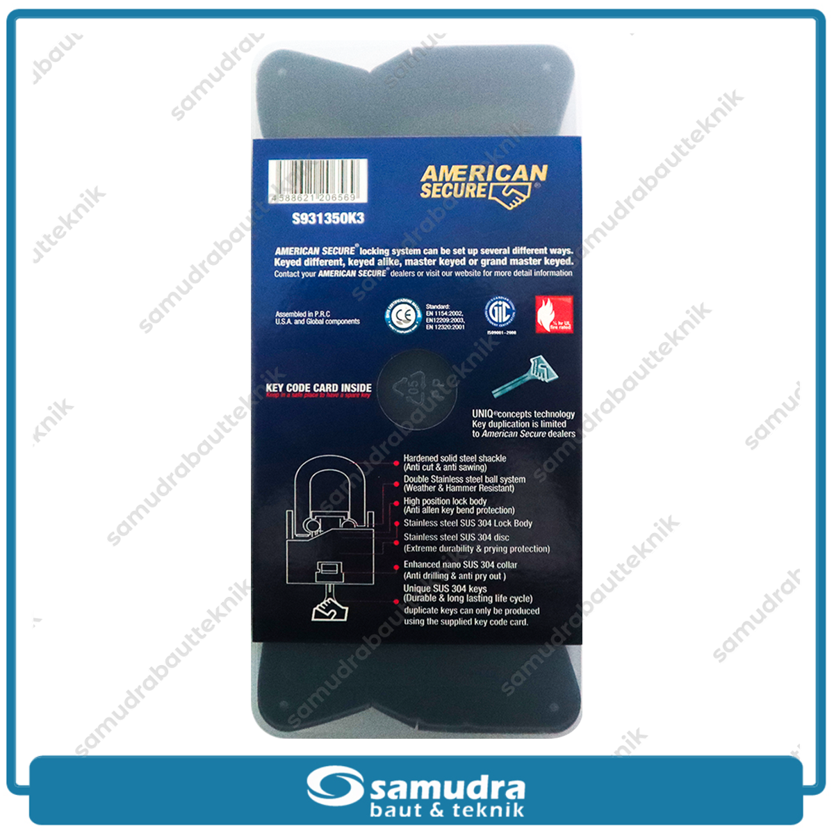 AMERICANSECURE S931350K3 Gembok 50 mm Short Key Alike Set 3 pcs
