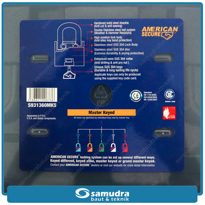 AMERICANSECURE S931360MK5 Gembok 60 mm Short Master Key Set 5 pcs