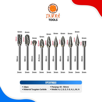 IKURA IKR-RFS202 Mata Bor Tuner Pendek Set 10 pcs / Rotary File Set Short