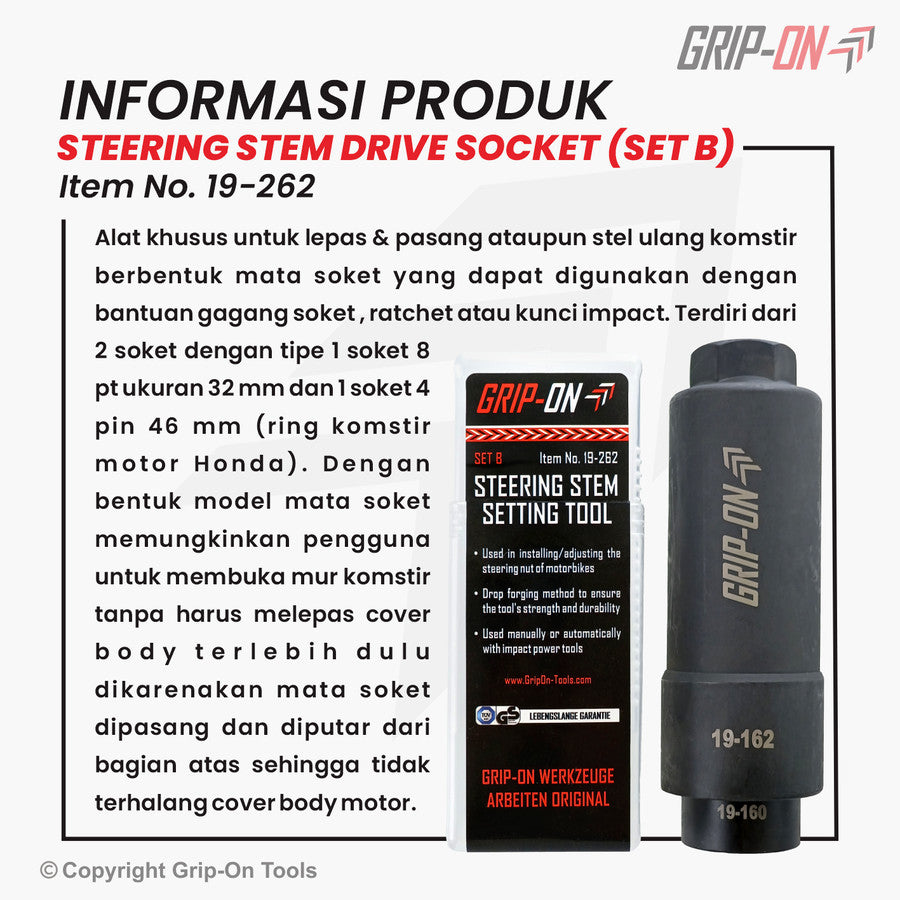 GRIPON 19-262 Set 2 pcs Steering Stem Setting Tool Drive Socket 19-160 & 19-162