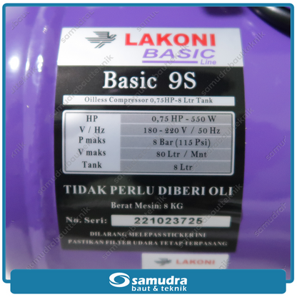 LAKONI BASIC-9S Mesin Kompresor Listrik Oilless 3/4 HP 8 Liter