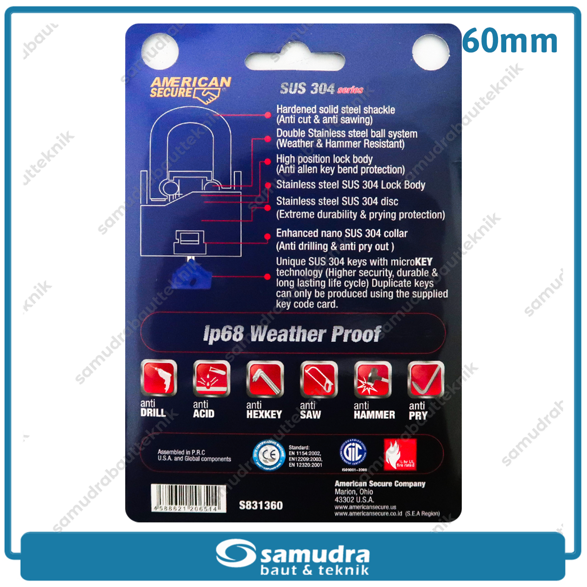 AMERICANSECURE Gembok 60 mm Long / Gembok Leher Panjang