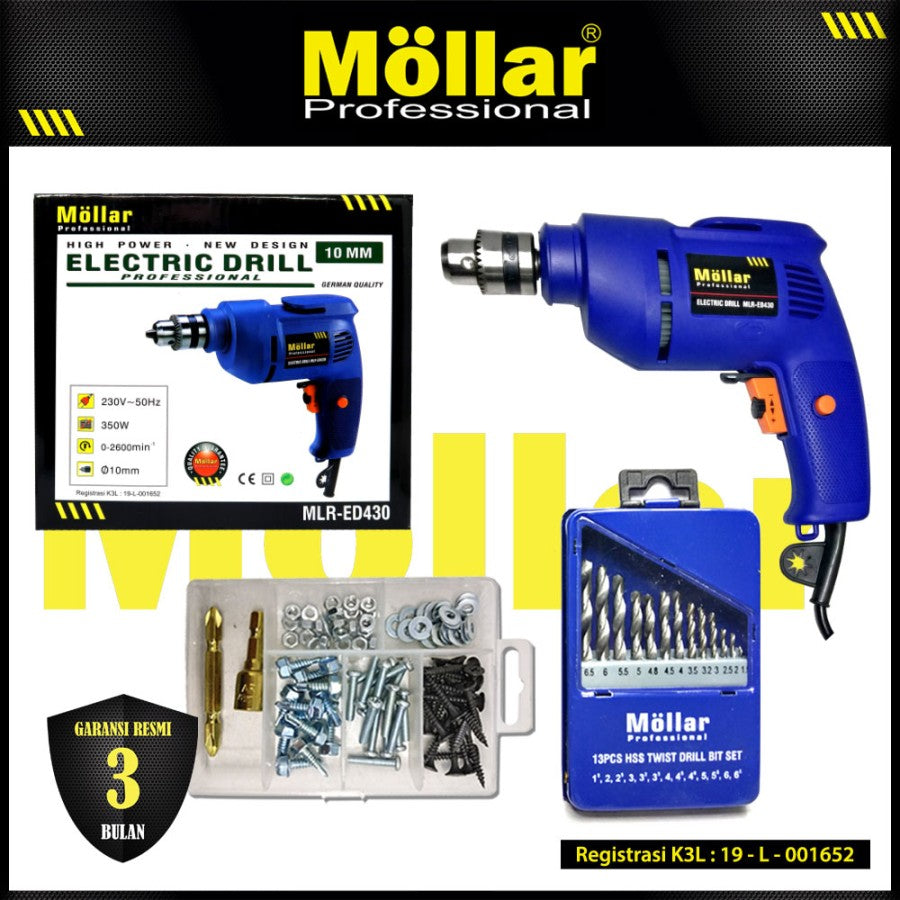 [PAKET] MOLLAR ED430 Bor Listrik & Mata Bor Besi Set 13 Pcs & Baut 01