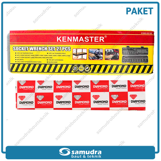 Paket KENMASTER Kunci Sok Set 27 pcs + Kunci Ring Pas Set 11 pcs 8-22